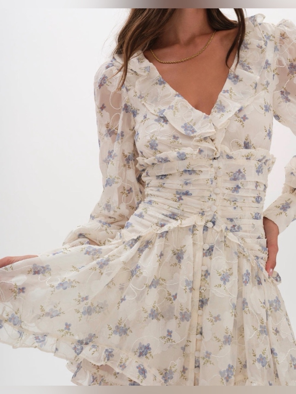 For Love & Lemons Jayleen Mini Dress Blue White Floral Ruffle Long Sleeve Medium